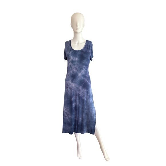 Yahada Women's Blue Tie Dye Short Sleeve Midi Dress with Side Slit Size M - Picture 1 of 7